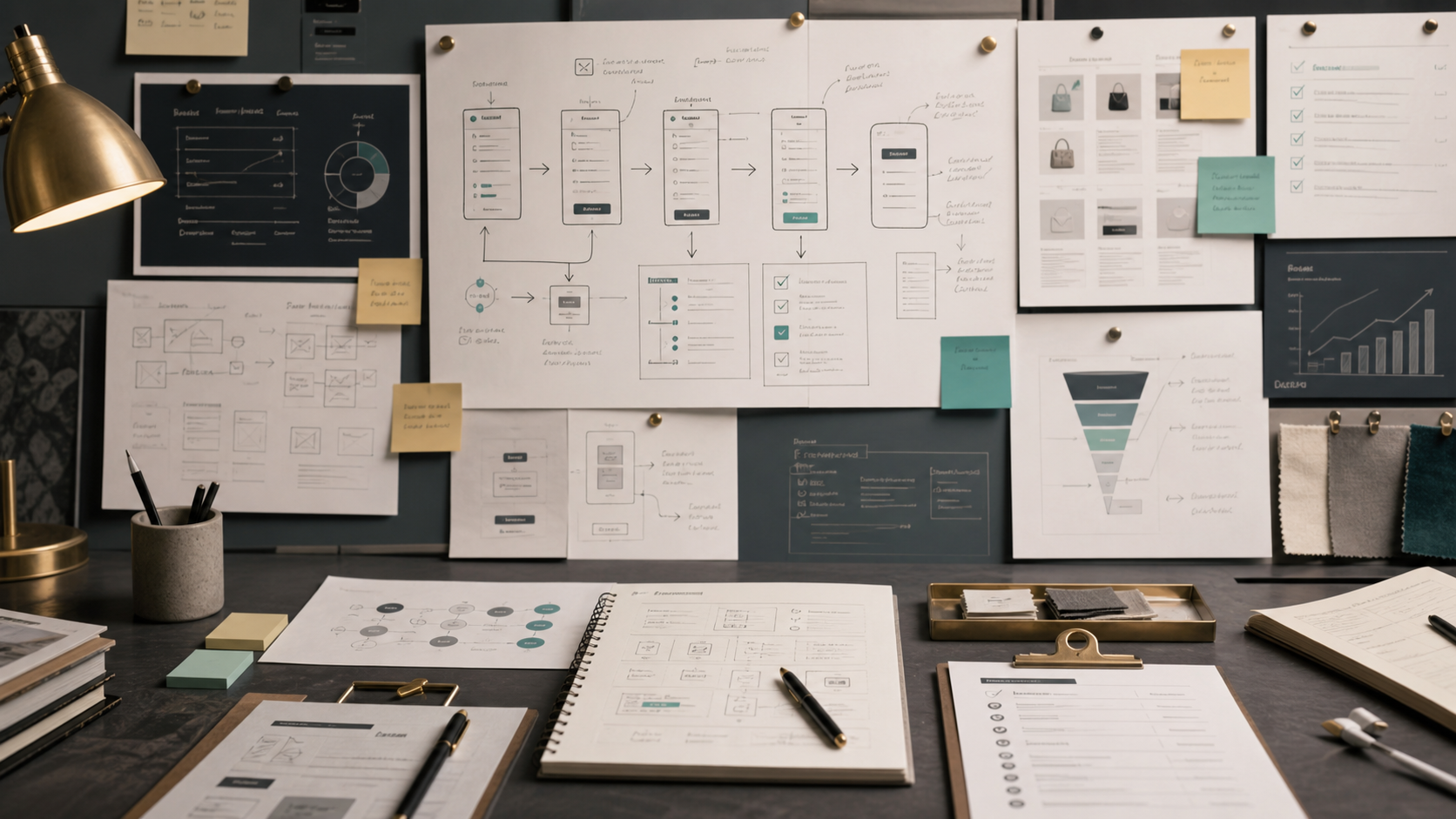 Ecommerce redesign planning board with checkout and product content notes