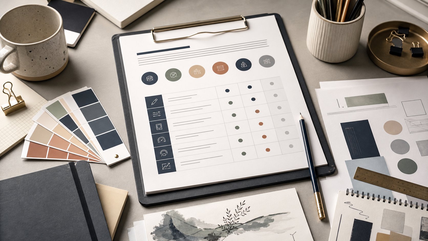 Small business website redesign scorecard on a studio desk