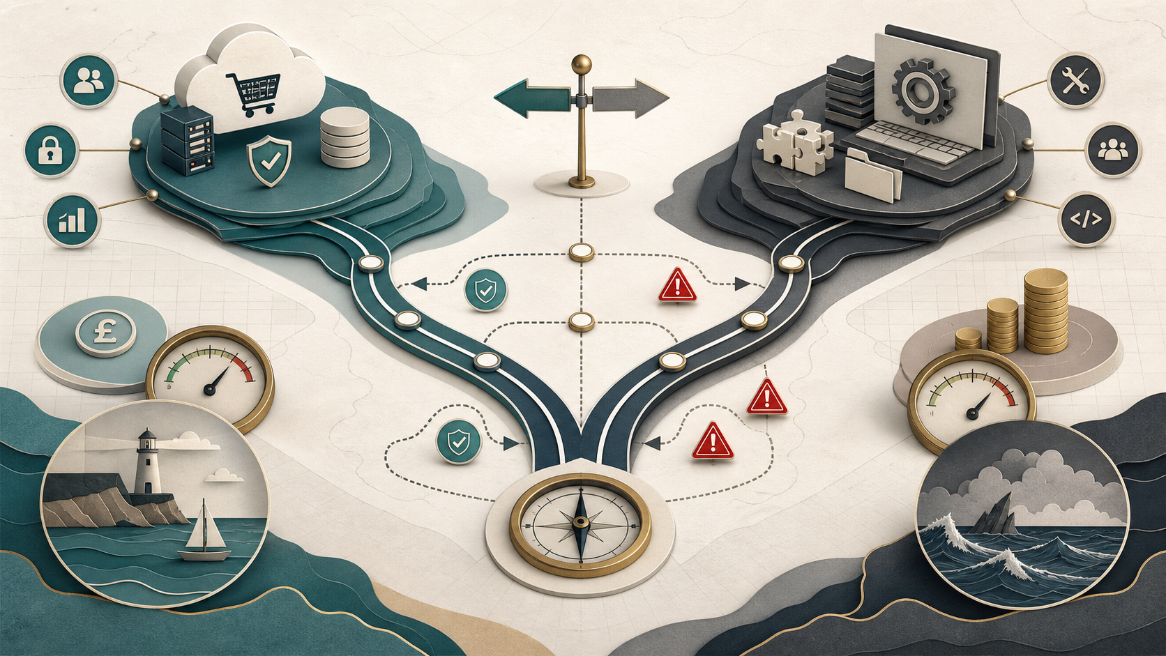 Decision map comparing hosted commerce and WordPress ecommerce ownership