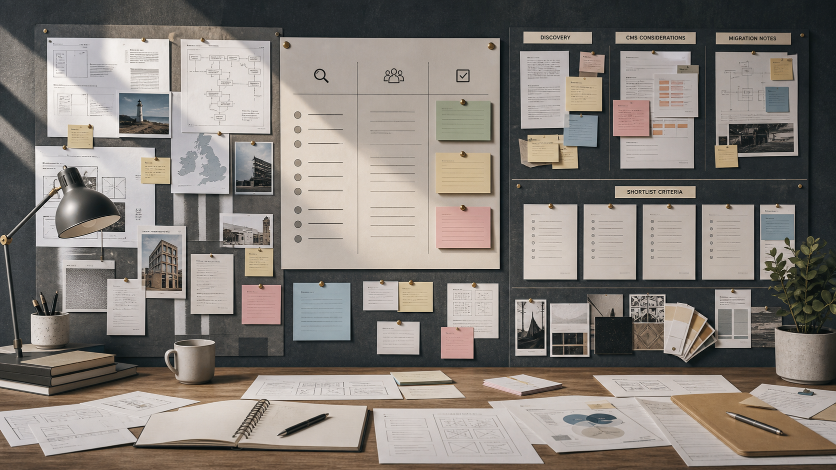 Agency discovery evidence board with CMS and migration notes