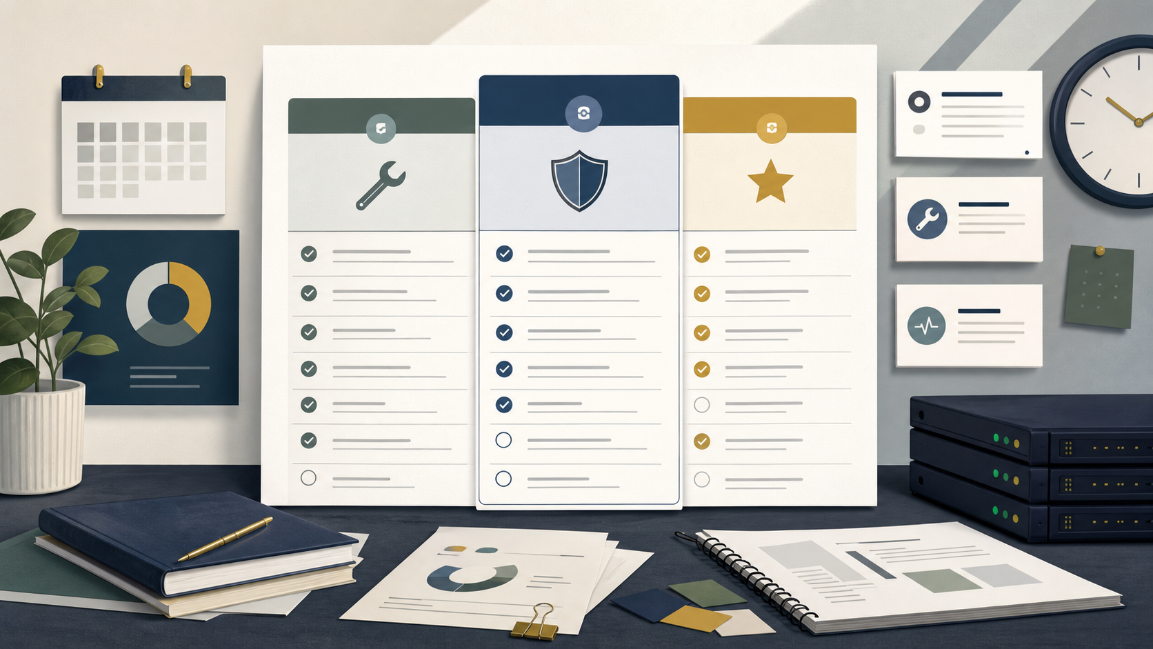 Website maintenance package comparison board with support and monitoring notes